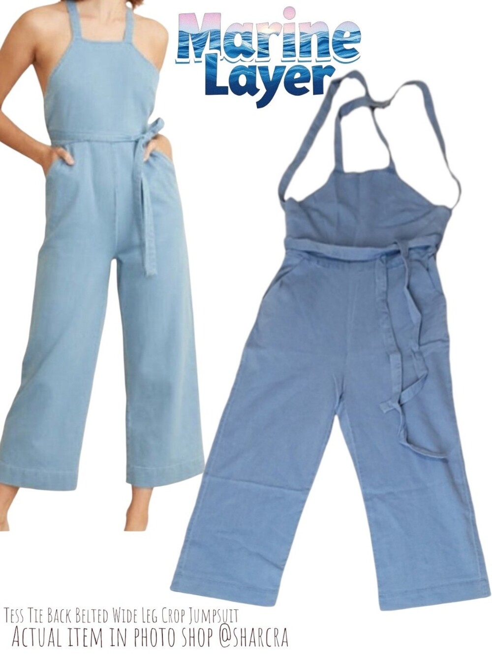 Marine Layer Women Tess Tie Back Belted Wide Leg Crop Jumpsuit Light indigo 0